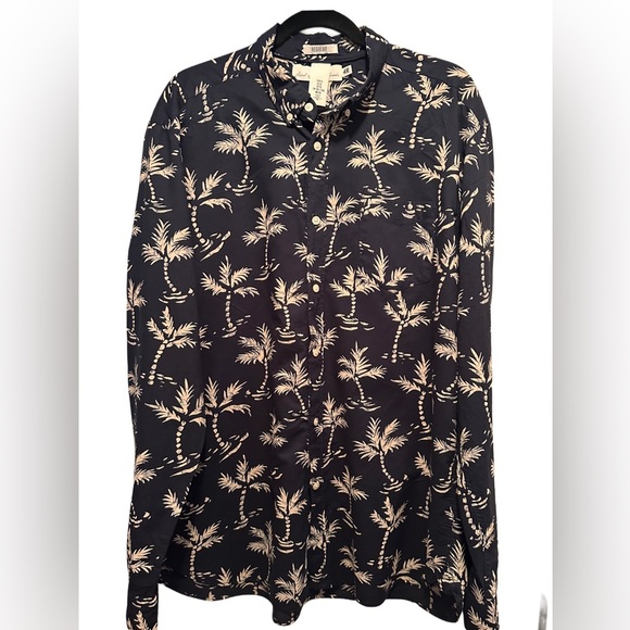 H&M Men’s Casual Hawaiian Island Style Dress Shirt Black/Tan Size XL Reg - Picture 6 of 8